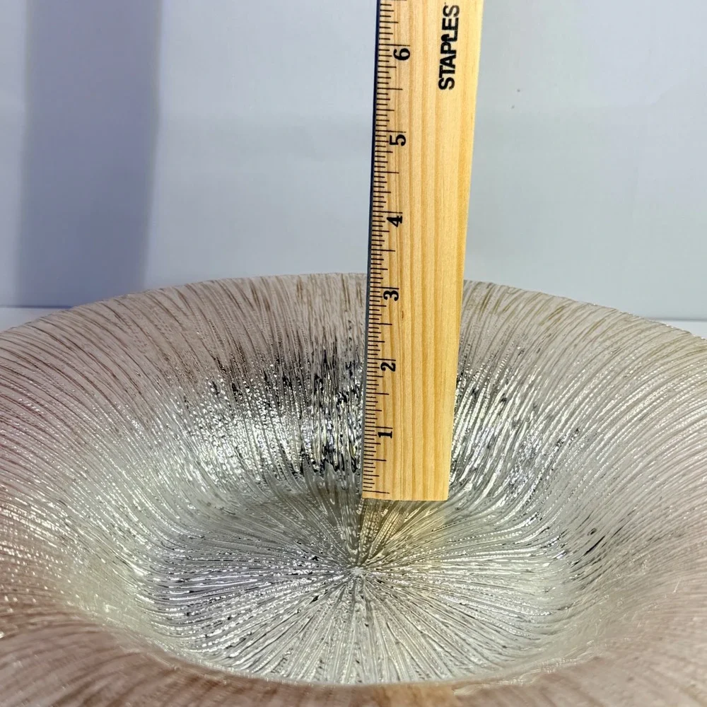 Champagne Pink Foil Art Textured Glass Centerpiece Bowl Ribbed 12 Inch Round